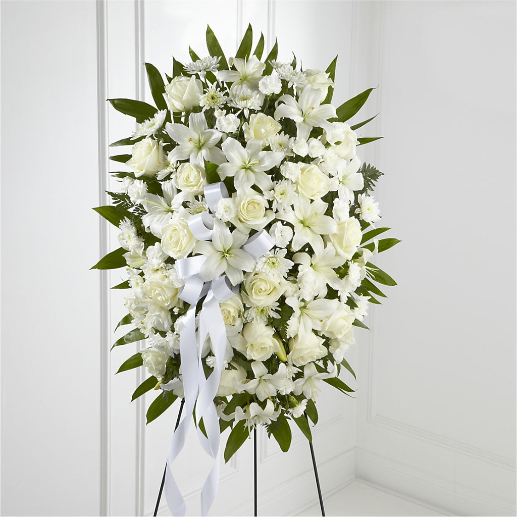 Exquisite Tribute Standing Spray-White Ribbon – LATE BLOOMERS FLORAL & GIFT LLC, Willmar MN