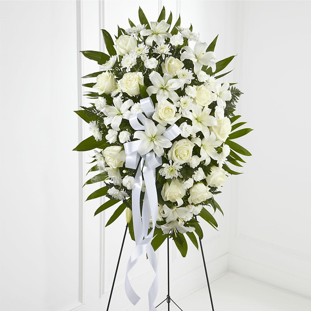 Exquisite Tribute Standing Spray-White Ribbon – LATE BLOOMERS FLORAL & GIFT LLC, Willmar MN